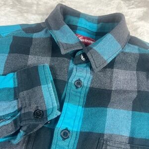 Supreme Mens Medium Adult Flannel Shirt Teal Blue Black Plaid Heavyweight Cotton